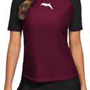 Halcurt Women's Short Sleeve Swim Shirt Rash Guard Swimsuit Top Only UPF50+ Sun Protection Bathing Suit (XX-Large, Burgundy)