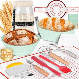 Complete Sourdough Starter Kit with 35OZ Jar & 15PCS ALL-IN-ONE Sourdough Bread Baking Supplies, Sourdough Bread Starter Kit Including 2 Silicone Basket, Baking Mat Dough Scraper, Lid & More(Green) (Green 9'' Round+10''Oval)