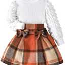 Noubeau Toddler Girls Plaid Outfits Girls Puff Sleeve Knit Ribbed Shirt Tops Plaid Skirt Set Kids Fall Winter Clothes (2-3T, Orange-brown)
