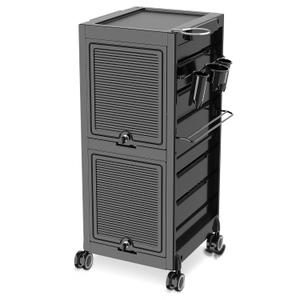 Lockable Salon Trolley Salon Cart on Wheels Rolling Tray Large Storage Salon Trolley W/Towel and Mirror Rack, Heat Resistant Appliance Rack, 4 Remove Drawers, 2 Buckets for Salon Spa Store (Black)