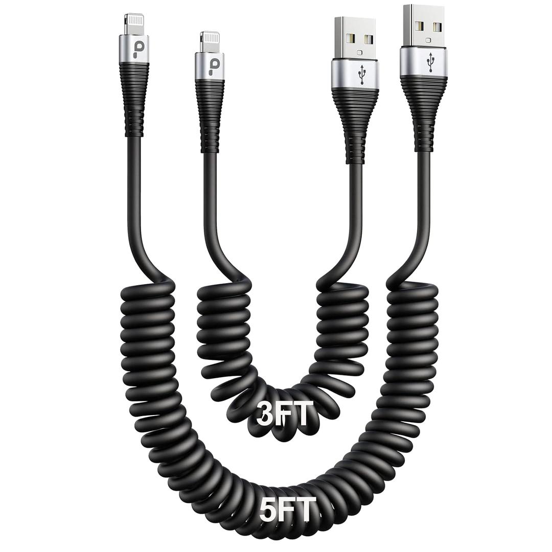 iPhone Charger Cable for Car (3FT/5FT), 2Pack Coiled Lightning Cable, [Apple MFi Certified] Retractable Charging Cord Compatible with iPhone 14/13/12/11 Pro Max/XS MAX/XR/XS/8/iPad/iPod/CarPlay (Silver)