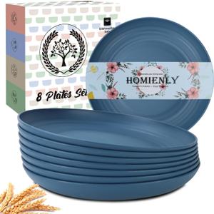 Homienly Dinner Plates Set, Alternative to Plastic Plates,Wheat Straw Plate Set of 8,Lightweight Microwave and Dishwasher Safe Plate,Unbreakable Salad Plates for Kitchen, Camping (Blue,10 inch)