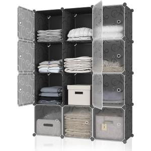 MAGINELS Portable Storage Cubbies - 14"x14" Cube Shelves Organizer Shelf for Clothes, Portable Toy Cabinet, Plastic Dresser Clothes Cubes, Black, 4x3-Cube ater Bulk Small Water Bottles Dean Products