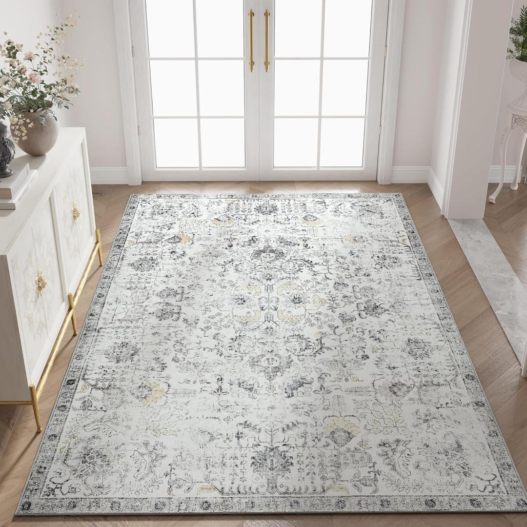 jinchan Kalen Area Rug 5x7 Washable Living Room Rug Soft Vintage Indoor Thin Retro Distressed Floor Cover Grey Floral Country Boho Rug Non Slip Carpet for Bedroom Office Dining Room