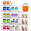 12 Pack Clear Shoe Storage Organizer with Magnetic Door,Stackable Plastic Shoe Boxes for Sneakers,Boots,and Heels,Space-Saving Foldable Shoe Rack for Closet,Durable Shoe Cabinet Organizer,White