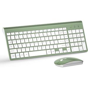 Wireless Keyboard and Mouse Ultra Slim Combo, TopMate 2.4G Silent Compact USB 2400DPI Mouse and Scissor Switch Keyboard Set with Cover, Batteries Included, for PC/Laptop/Windows/Mac - Green White