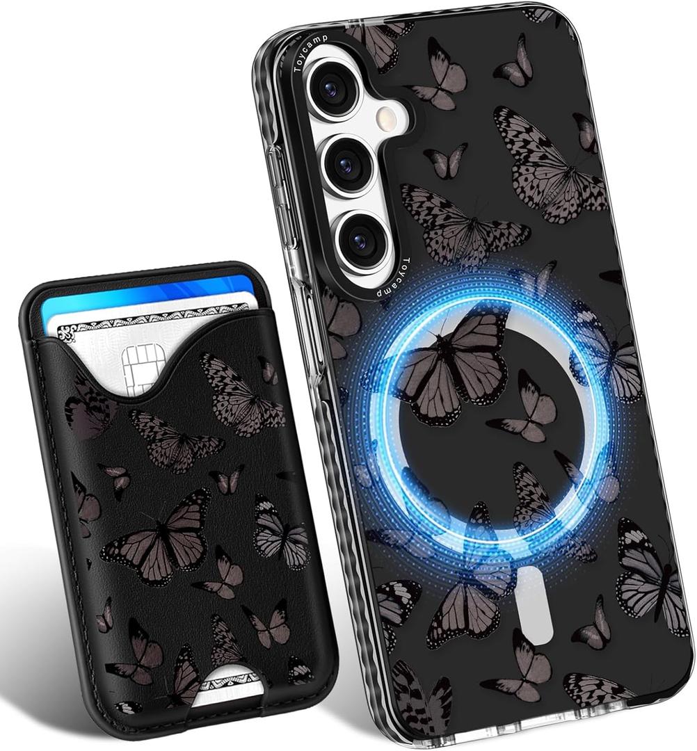 Toycamp for Samsung Galaxy A15 5G Case - Compatible with Magsafe Credit Card Holder Wallet Magnetic Cute Women Teen Girls Kawaii Girly Unique Black Butterfly Design Phone Cover for Galaxy A15 5G