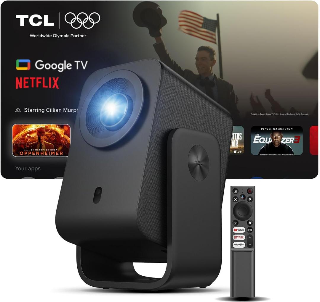 TCL C1 Smart Projector 4K Support, Google TV & Netflix Officially Licensed, WIFI and Bluetooth, Auto Focus Keystone, Native 1080p, Dolby Audio, 285 Portable Mini Projector for Home Theater