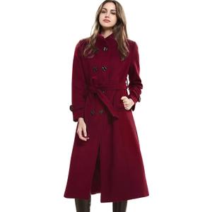 Escalier Women's Wool Trench Coat Winter Double-Breasted Jacket with Belts (Medium, Wine Red)