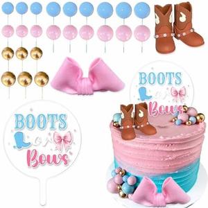 Boots or Bows Gender Reveal Cake Decorations，Acrylic Bows and Boots Cake Toppers Set，Boy or Girl Baby Shower Party Supplies
