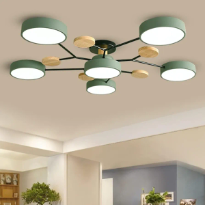 Dimmable LED Ceiling Light Fixture,32 Inch 6-Lights Modern Ceiling Lights Flush Mount Wooden 48W Chandelier for Living Room Bedroom Kitchen,3000K/4000K/6000K Green