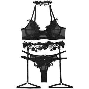 Lilosy Sexy Cute Applique Embroidered Underwire Push Up Garter Belt Chocker Lingerie Set M, Black