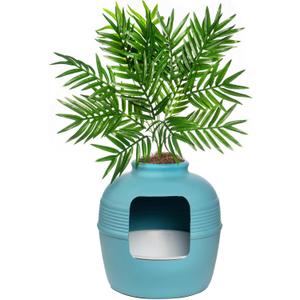 Good Pet Stuff Hidden Cat Litter Box Enclosure with Artificial Plant, Decorative Round Planter, Removable Tray, Charcoal Filter Odor Control, Easy-to-Clean, Made in USA, Essentials Kit, Blue