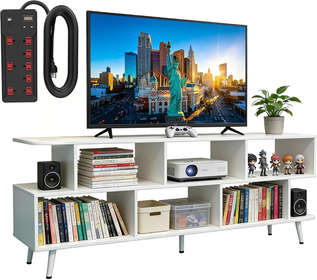 65" White TV Stand with Power Outlet for TVs up to 75", Large Entertainment Center with 8 Open Shelves,Media Console Table for Living Room/Entrance/Kitchen/Sofa Cabinet, Easy Assembly