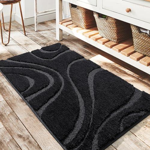 DEXDE Bathroom Rugs Mat, Soft Plush Shaggy Microfiber Bath Rug Non Slip Bath Mats for Bathroom Floor Machine Washable Absorbent Carpet for Shower Tub, Black 24"x36"