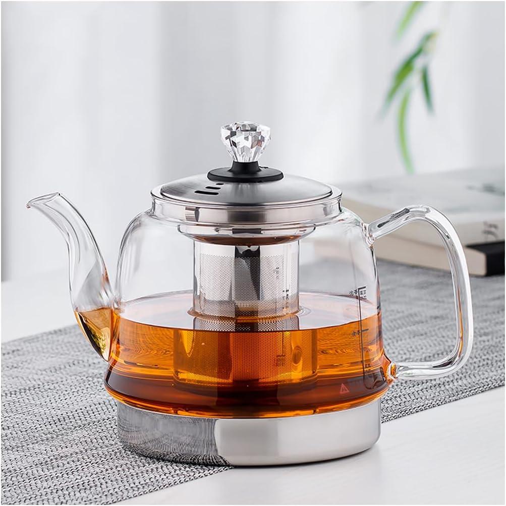 Induction Cooker Special Glass Teapot, Heat Resistant Borosilicate Glass Teapot With Stainless Steel Inner Filter for Loose Tea,tea Kettle Stovetop Clear Glass Flowe A-1.4L