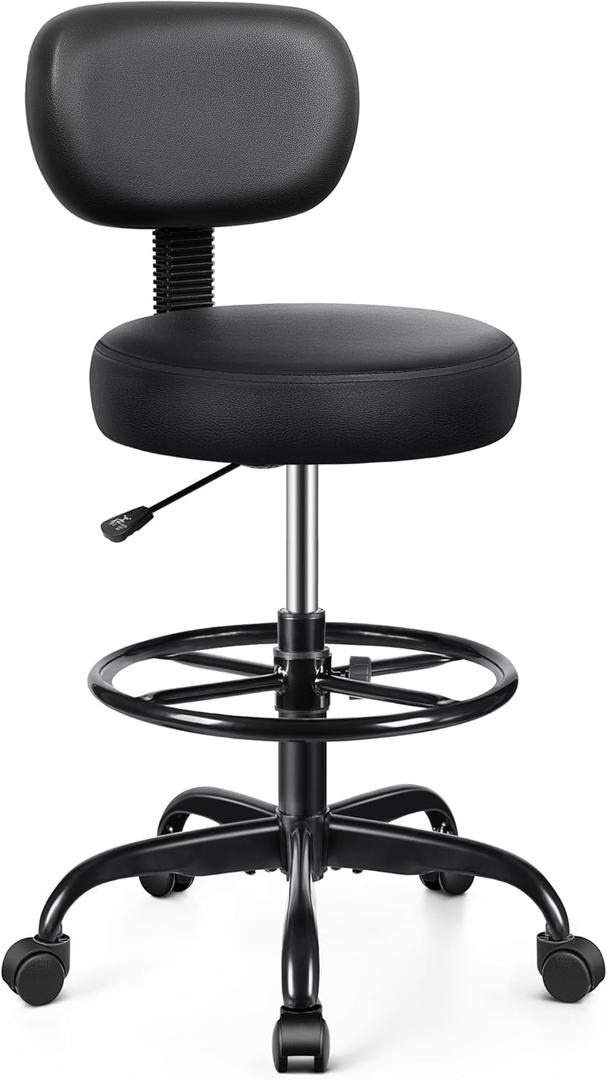 Drafting Chair with Backrest  Adjustable Foot Rest Rolling Stool with Wheels, PU Leather Swivel Stool for Office Spa Studio Lab Counter Salon Home Work Bar Kitchen Shop(Black)