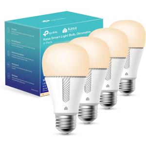 Kasa Smart Light Bulbs that works with Alexa and Google Home, Dimmable Smart LED Bulb, A19, 9W, 800Lumens, Soft White(2700K), CRI90, WiFi 2.4Ghz only, No Hub Required, 4 Count (Pack of 1)(KL110P4)