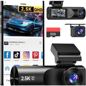 Dash Cam Front and Rear, 2.5K+1080P+1080P 3 Channel Dash Cam with 32GB Card, Wi-Fi Dash Camera for Cars, G-Sensor, Night Vision, 24H Parking, Loop Recording Dashcam, 1.97IPS, Support 256GB (Black)