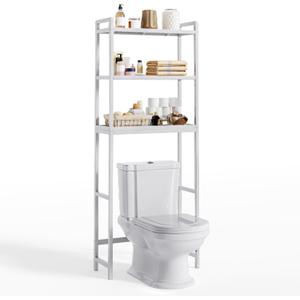 Gizoon Over The Toilet Storage, 3 Tier Bamboo Bathroom Organizer with Adjustable Shelf, Freestanding Above Toilet Stand, Bathroom Storage Shelf Rack (White)