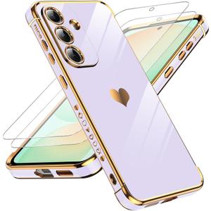 LeYi for Samsung S25-FE Case: [   ] Tempered Glass Screen Protector [2 Pcs]+ Full Camera Lens Protection,Love Heart Plating Girly Cute Luxury Shockproof for Galaxy S25 FE, Purple