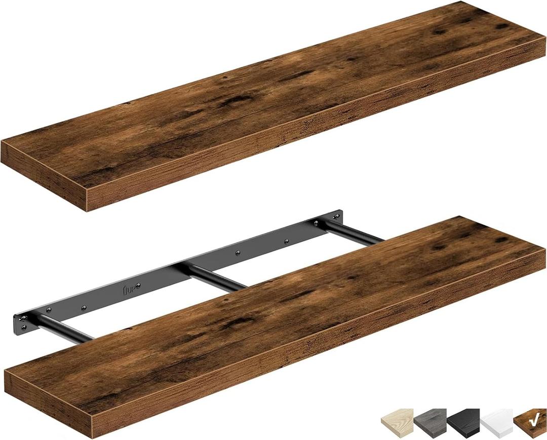 QEEIG Floating Shelves for Wall 35.4" Long - Wall Mounted Shelf Bathroom Kitchen Living Room Bedroom Farmhouse Home Decor Display Bookshelf Large 35.4 x 9.3 inch Set of 2, Rustic Brown (008-90BN)