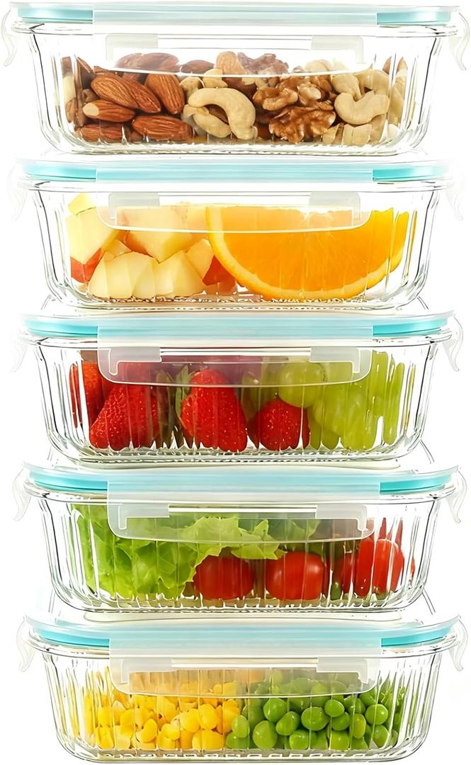 5-Packs, 36 Oz Glass Meal Prep Containers with Snap Locking Lids Glass Food Containers,Airtight Lunch Container,Microwave, Oven, Freezer and Dishwasher