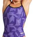 Arena Puzzled Print Women's Challenge Back One Piece Swimsuit for Competitive or Casual Swim, Ladies Bathing Suit (32, Black-purple Multi)