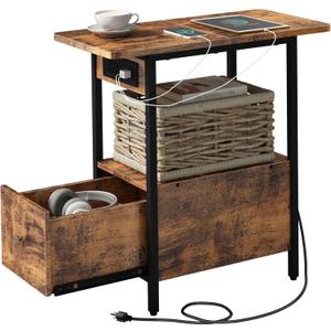 LIDYUK End Table with Charging Station, Narrow Side Table with Drawer and USB Ports & Power Outlets, Nightstand Bedside Tables for Small Spaces, Bedroom, Living Room, Rustic Brown