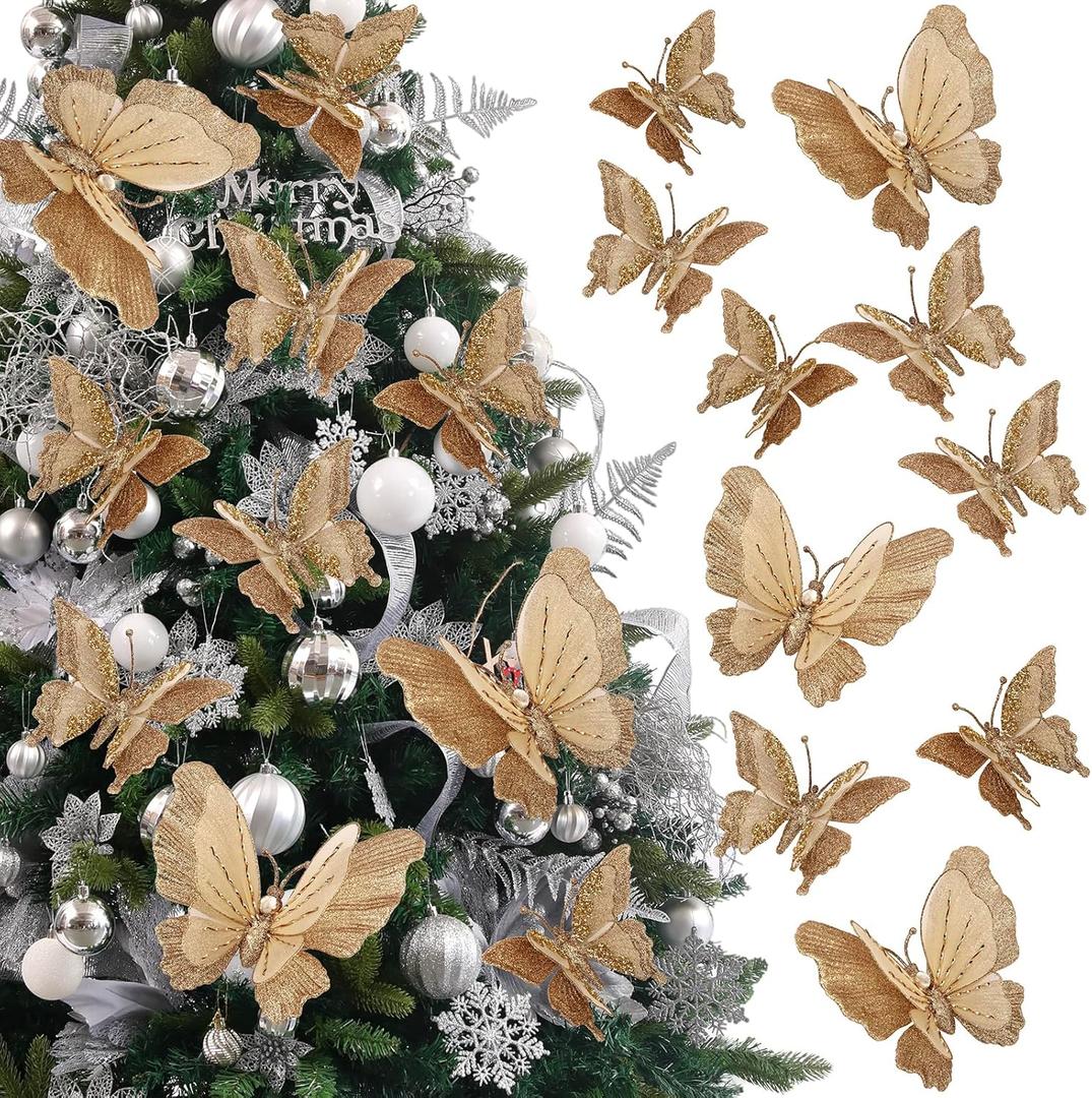 6Pcs 2 Size Christmas Tree Butterfly Ornaments 3D Glitter Hollow Butterfly Decorations Xmas Butterflies Wall Hanging Decor with Clips for Christmas Tree Wreath (2Pcs Big 4Pcs Small) (B6- Butterfly-gold)