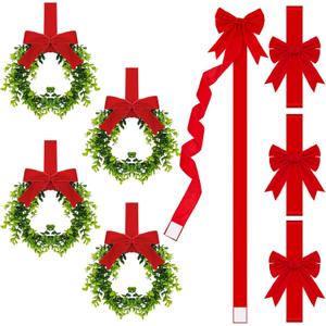 Riceshoot 8 Pcs Christmas Kitchen Decor Include 4 Pcs 78.7 Inch Large Christmas Cabinet Door Ribbons Bows 4 Mini 9 Inch Cabinet Wreath for Kitchen Window Door Xmas Supplies