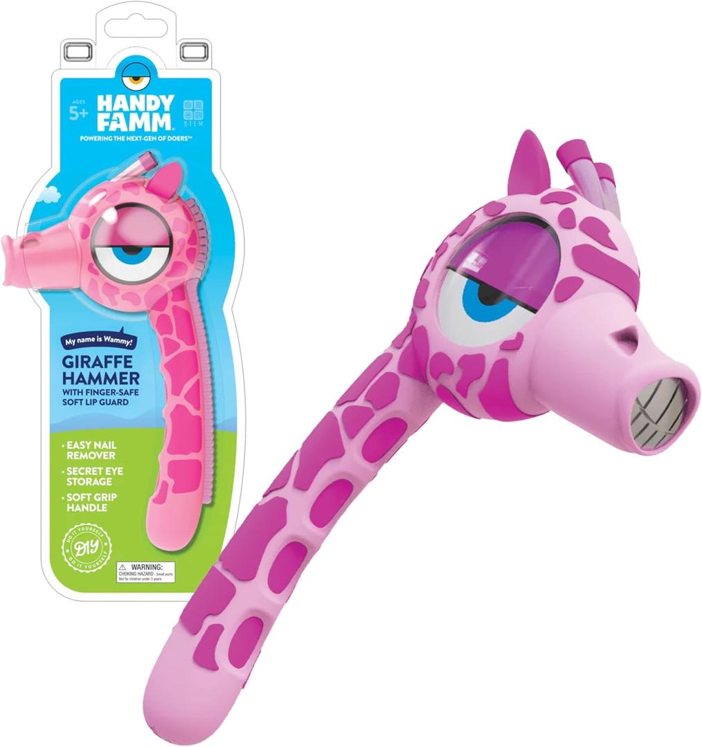 Handy Famm Real Metal Pink Giraffe Hammer for Kids, Patented Safety Mouth Sleeve and Nail Remover, STEM DIY Tool for Children Ages 5 and Up