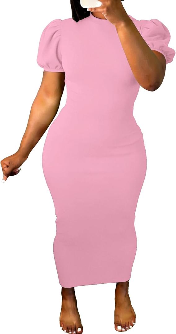 Women's Bodycon Maxi Dress Summer Puff Sleeve Casual Elegant Party Club Night Out Dress (Pink, XL)