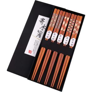 GLAMFIELDS Reusable Chopsticks Japanese Natural Wooden 5 Pairs Classic Style Lightweight Safe Chop Sticks 8.8 Inch/22.5cm Gift Set (Brown)