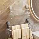 Double Rod Suction Cup Towel Holder  No Drill Strong Suction, Towel Holder for Bathroom Wall with Hooks, Steel Rods & Plastic Base, Perfect for Kitchen and Bathroom Wall Decor and Essentials (Grey)