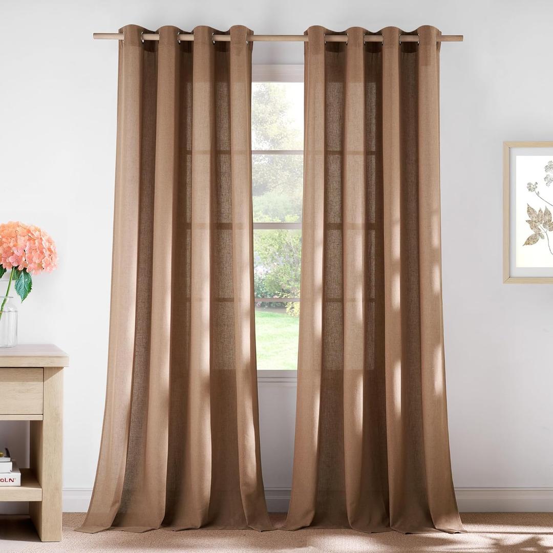 NICETOWN Gold Brown Linen Curtains for Kitchen, Thick Flax Small Window Treatments Semi Sheer Privacy Assured with Light Through for Cafe/Bathroom, W55 x L84, 2 Panels