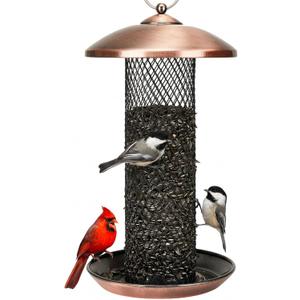 Kingsyard Mesh Tube Bird Feeders for Outdoors Hanging, All Metal, Wild Bird Feeder for Sunflower Seeds or Mealworm, Large Tray & Weatherproof Roof, 2.5 lbs Capacity (Antique Copper)