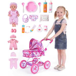 BABESIDE Baby Doll Stroller Set with 12 Inch Baby Doll, 14 Pcs Baby Doll Accessories, Folding Doll Pram Pretend Play Set, Feeding, Bath & Care Toys, Gift for Girls Ages 3yrs+