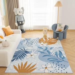 Blue Washable Rugs 60x84 Inch, Floral Rugs for Living Room, Soft Non-Slip Rugs for Bedroom, Ultra-Thin Area Rug Carpet for Home Decor, Kid Room, Dining Room, Playroom, Blue Rug