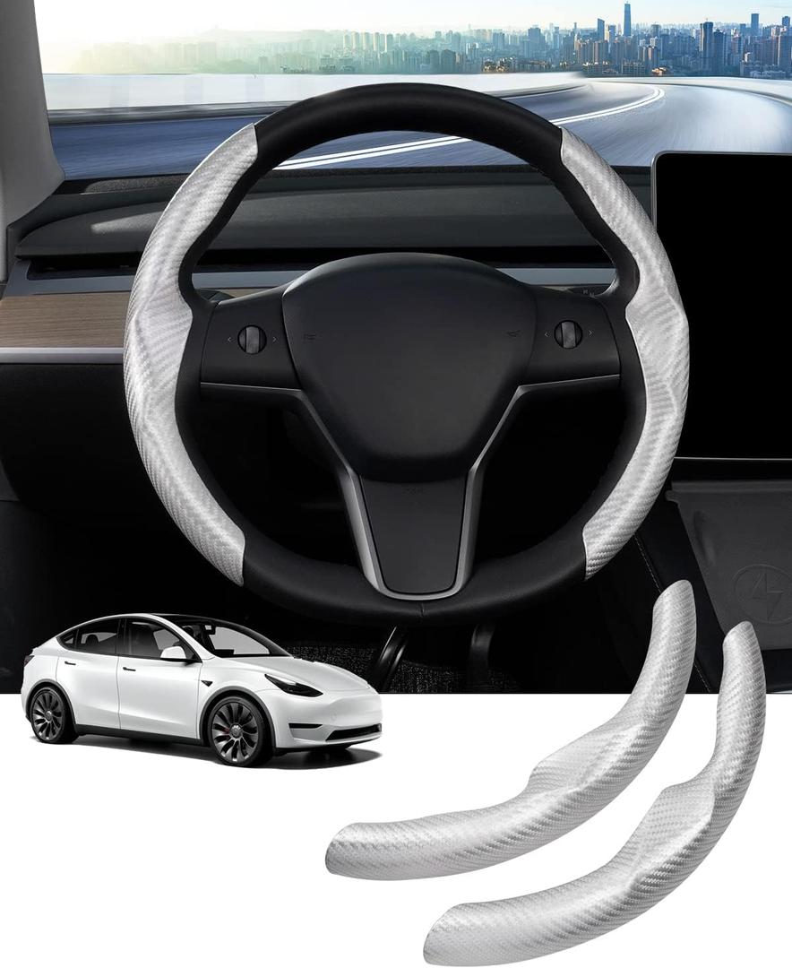 Steering Wheel Cover for Telsa Model 3/Model Y Accessories Carbon Fiber Steering Wheel Cover Protector Anti-Slip, Comfortable Grip, Breathable, Model 3/Y Accessories, Silver