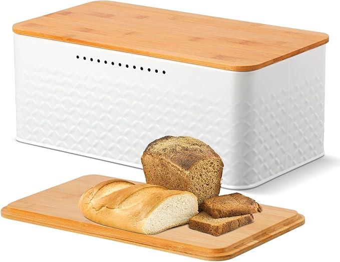 Phyllia Bread Box, Metal Bread Storage Container with Bamboo Lid Usable as Cutting Board, Breadbox Holder for Kitchen Countertop, 13 x 7 x 5.3 inch (White)