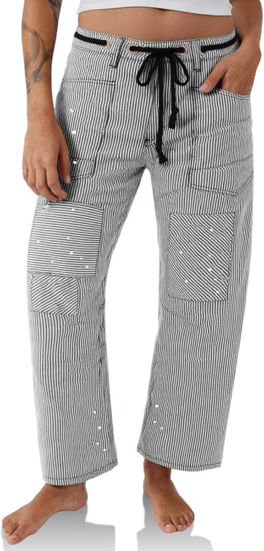 PLNOTME Womens Baggy Barrel Horseshoe Jeans Wide Leg Patchwork Low Rise Denim Pants with Pockets (8, Black White)