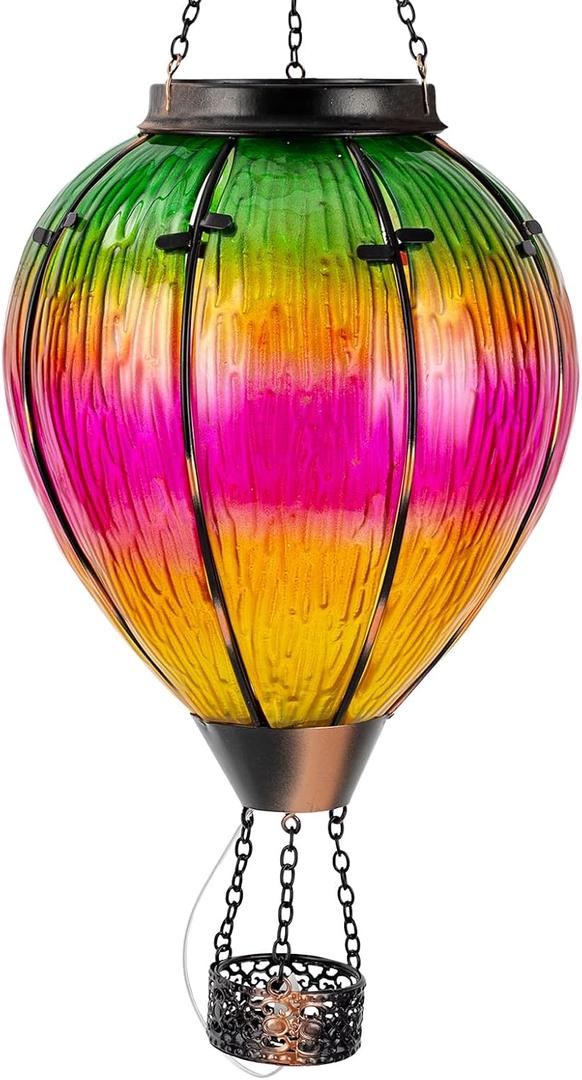 Large Solar Hot Air Balloon Lantern with Flame, Colorful Glass Hanging Balloon Lanterns Outdoor Waterproof Garden Decor for Yard Patio, Birthday Mother's Day Gifts for Women Mom