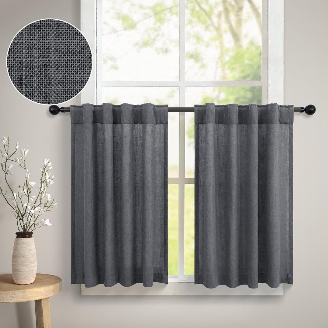 DANCURTON Kitchen Cafe Curtains 24 Inch Length 2 Panels Back Tab Pocket Light Filtering Sheer Privacy Linen Short Curtains for Small Window Dark Grey Curtain for Bathroom 30x24 Charcoal Gray Farmhouse