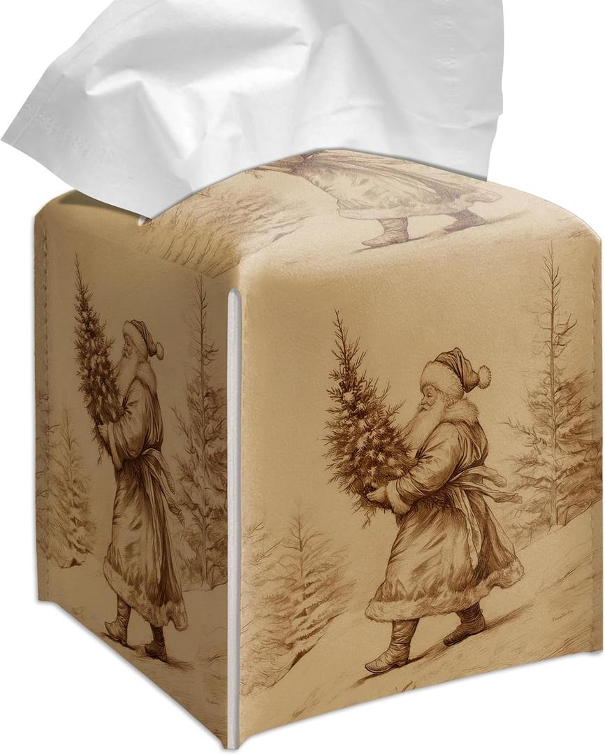 Grace Yonks Christmas Tissue Box Cover Square, Vintage Santa with Tree Sketch Design Cube Case for Facial Tissues, 5.2" PU Leather. (104)