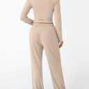 Trendy Queen Women's 2 Piece Matching Lounge Set Long Sleeve Side Ruching Top Wide Leg Drawstring Pants Set with Pockets (Large, Almond)