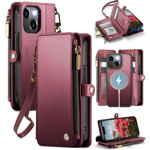 Defencase for iPhone 11 Magnetic Wallet Case Compatible with Magsafe with RFID Blocking Zipper & Card Holder for Women Men, PU Leather Strap Detachable Phone Case for iPhone 11 (6.1 inch), Wine Red