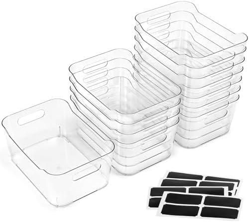 8 PACK Multi-Use Clear Plastic Storage Bins for Organizing w/ Labels - Home, Kitchen, Bathroom, Office, Pantry Cabinet Shelf Organizer Bins - SOHO Collection, RV, Fridge Organization Containers