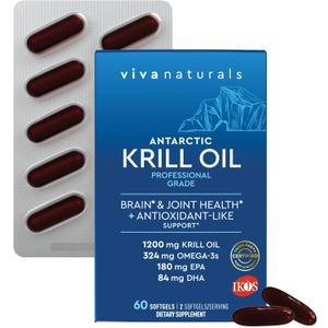 Viva Naturals Antarctic Krill Oil Omega 3 Supplements 1200 mg - DHA EPA Omega-3 & Astaxanthin Concentration for Joint Health, No Fish Burp - 60 Omega 3 Krill Oil Softgels, Exp Date: 07/2026