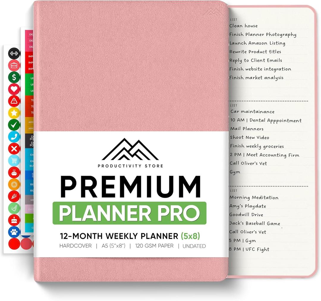 PRODUCTIVITY STORE Pro - Undated, 2026 Planner, 5.8 x 8.3 - The #1 Productivity Planner to Achieve Your 2026 Goals - Planner 2026-2027 - Pink - A5